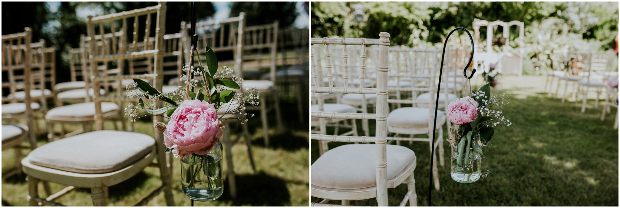 flower arrangements in jars on ceremony chairs