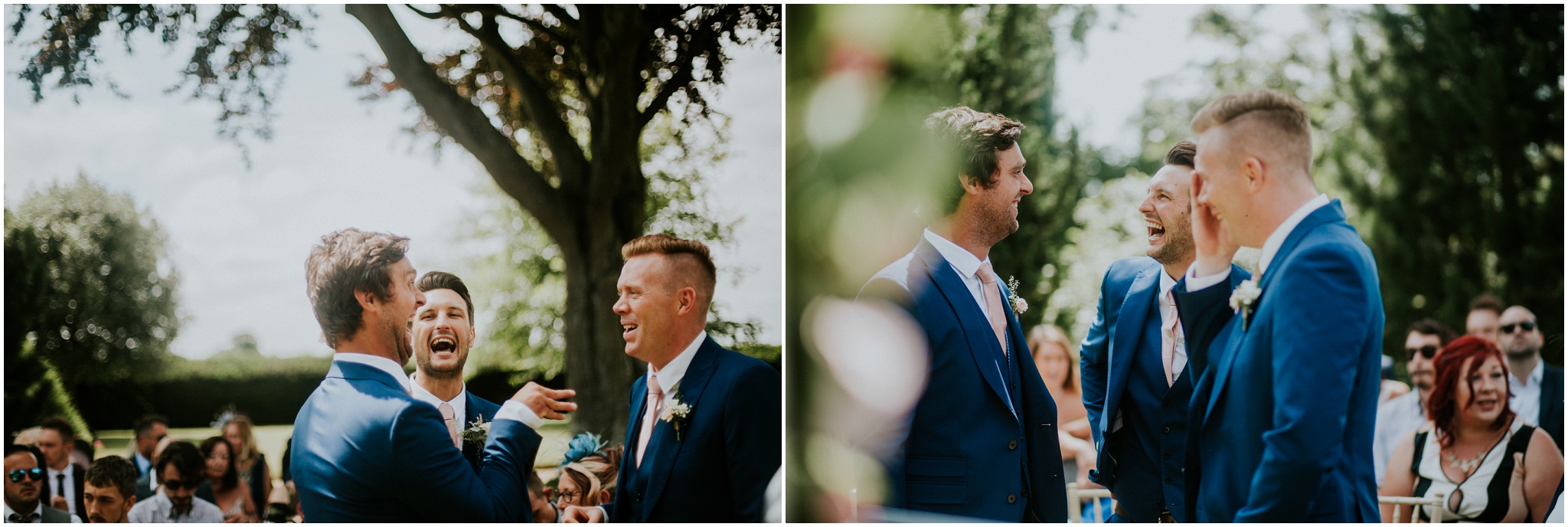 groom and best men laughing before wedding ceremony barn at woodlands norfolk