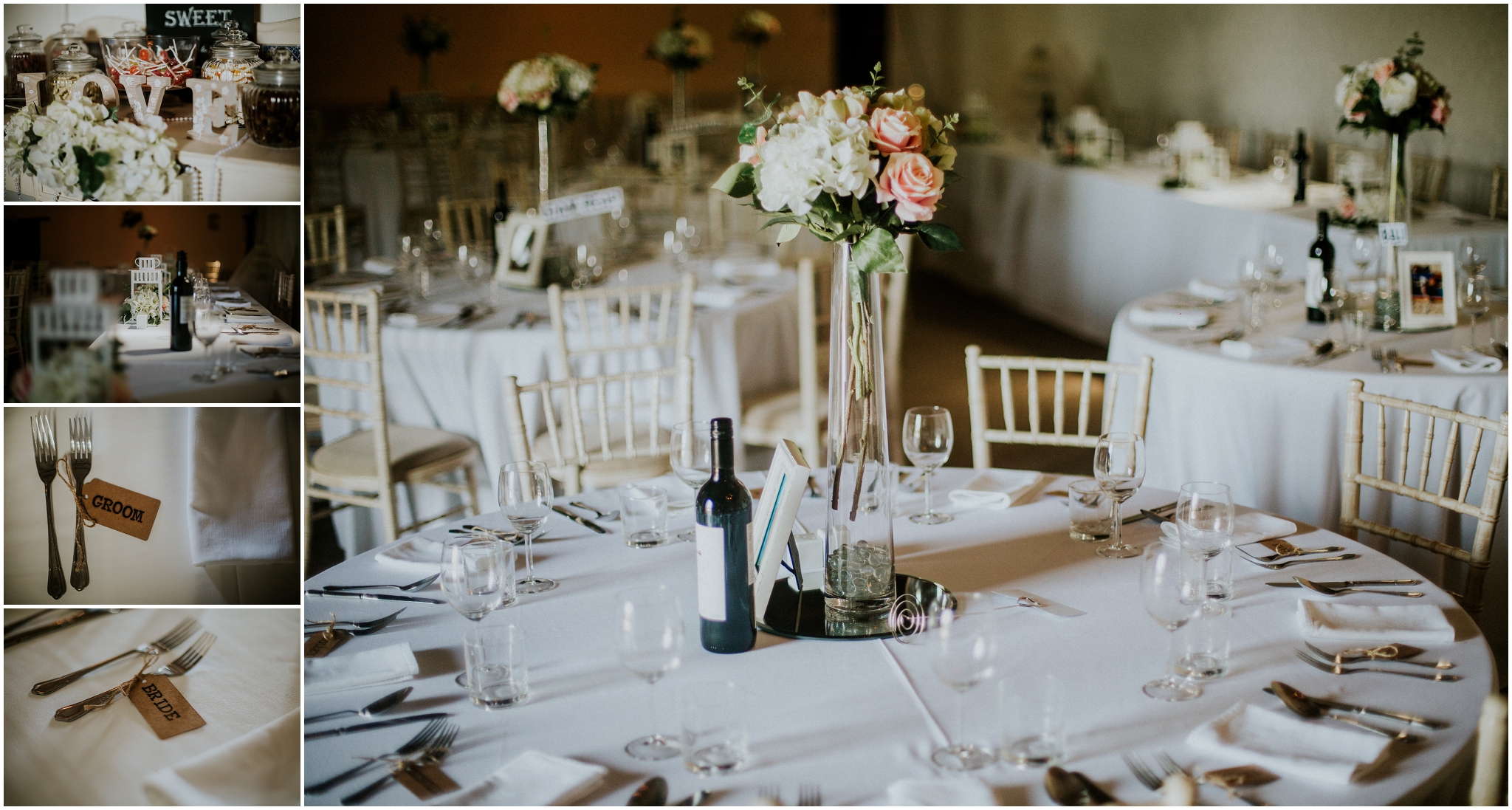 white wedding tables with floral arrangments in the centre