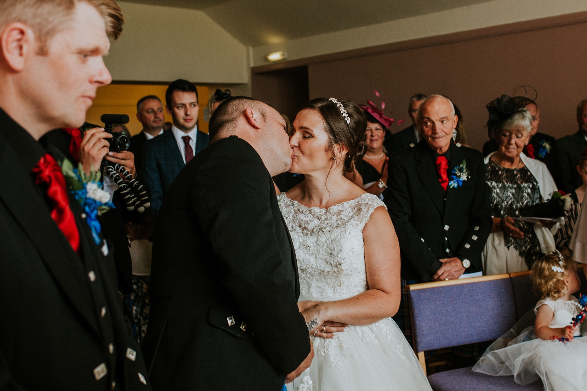 Bride and groom first kiss, Carnish Free Church, North Uist