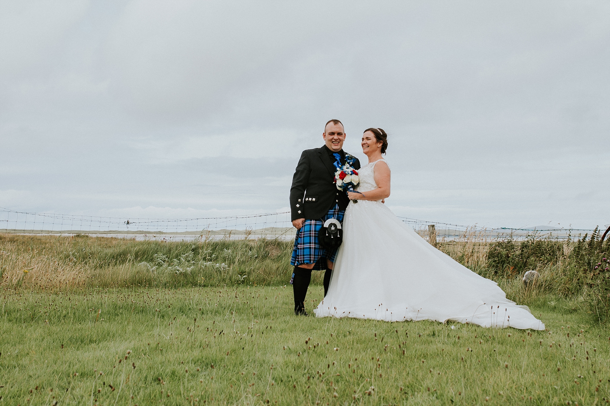 Bride and groom laughing, solas, north uist
